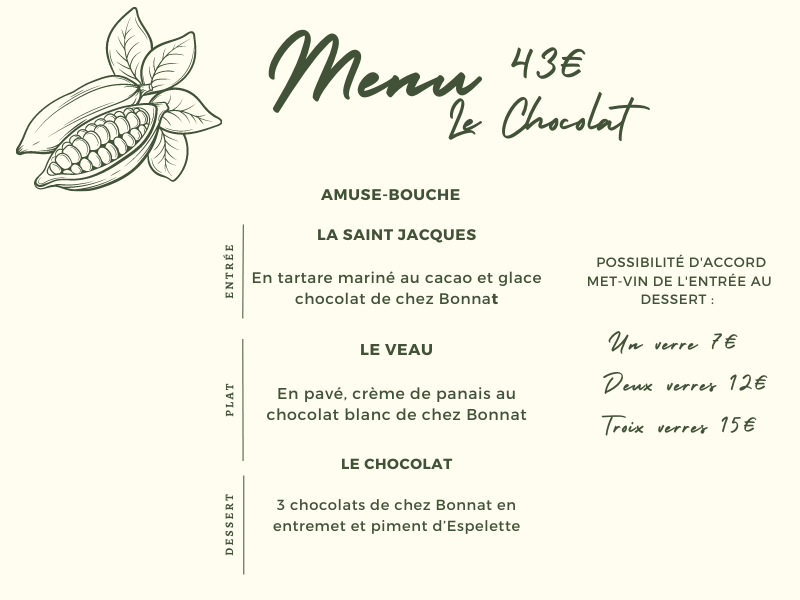 Menu spécial Le Chocolat du restaurant La Mésange Toquée Menu de la soirée du Vendredi de La Mésange Toquée à 43 euros . Un menu basé sur le chocolat de chez Bonnat