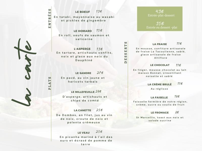 carte printanière du restaurant La Mésange Toquée